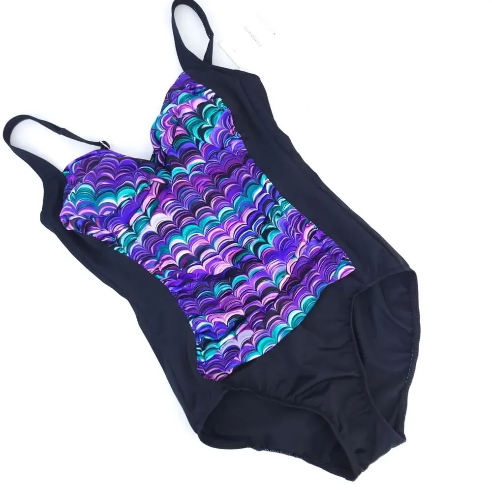 New Croft & Barrow One Piece Swimsuit Sz 10 Purple, Black Scalloped Bathing Suit
